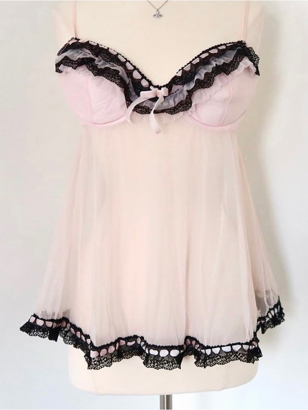 Jezebel Pale Pink Sheer Babydoll Chemise with Black Lace Trim